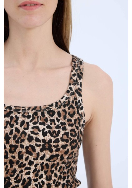 Slim Fit Dar Kesim Leopar Desenli Yuvarlak Yaka Fitilli Kaşkorse Atlet D4548AX25SP