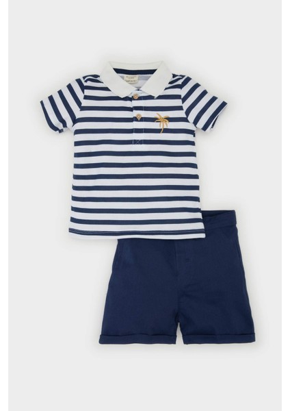 Erkek Bebek 2'li Takım Çizgili Kısa Kollu Polo Tişört Beli Lastikli Şort C3439A525SM