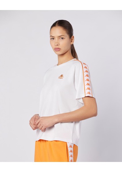 222 Banda Adi Tur Kadın Beyaz-Turuncu Regular Fit Tişört fırsatları