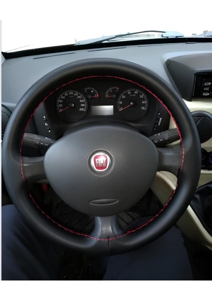 Dikişli Direksiyon Kılıfı Siyah Düz Yüzeyli Deri Kırmızı Dikişli Fıat Doblo Için