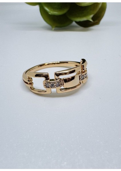 Stainless Steel Gold Kaplama Geçmeli Zirkon Taşlı Yüzük