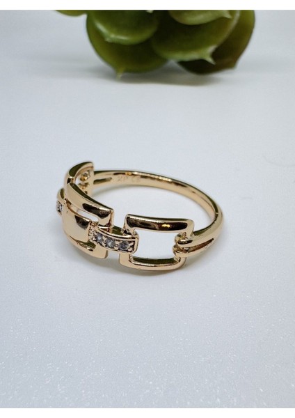 Stainless Steel Gold Kaplama Geçmeli Zirkon Taşlı Yüzük