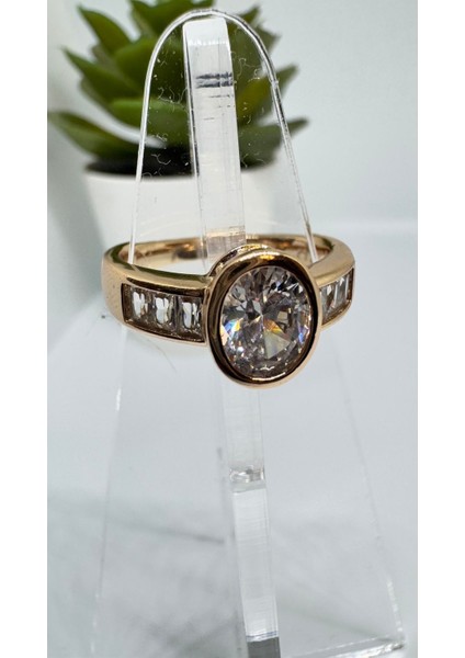Stainless Steel Gold Kaplama Oval Zirkon Taşlı Yüzük