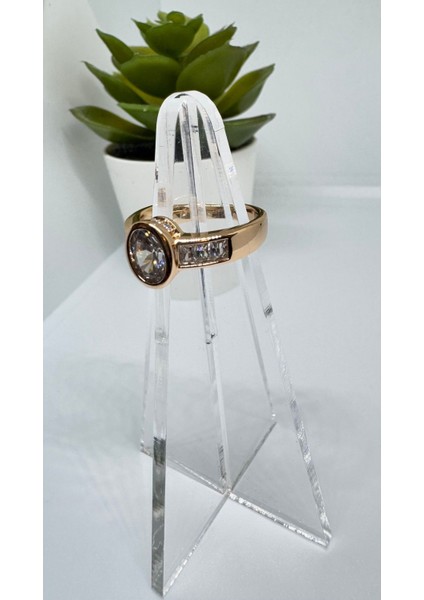 Stainless Steel Gold Kaplama Oval Zirkon Taşlı Yüzük