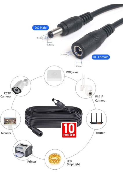 CONCORDEC10 Power Uzatma Kablosu 10 Metre AWG23 Kamera, Wifi Kamera, Modem, Kayıt Cihazı 12V Dc Uzatma