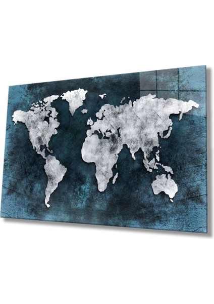 Gri Eskitme Dünya Haritası Cam Tablo,