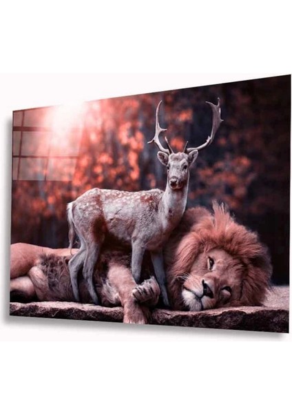 Aslan ve Geyik Cam Tablo 4mm Dayanıklı Temperli Cam