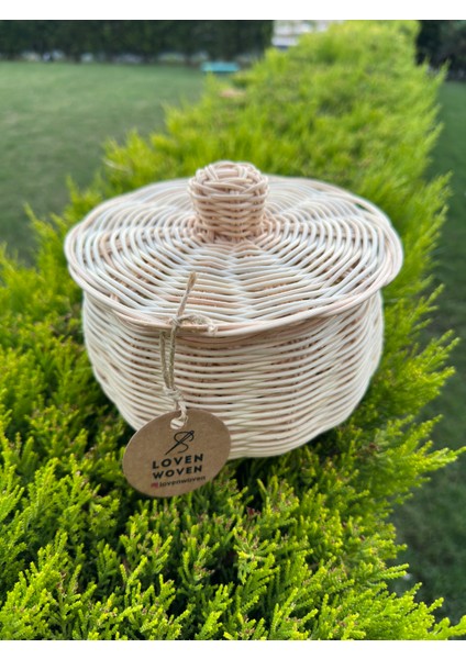 Rattan Bambu Kapaklı Sepet Doğal Renk