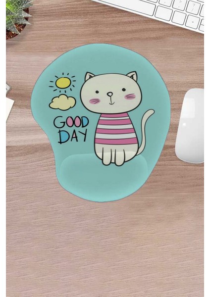 Good Day, Güneş, Kedi, Bilek Destekli, Konforlu Mouse Pad, Bilgisayar Faresi Aksesuarı