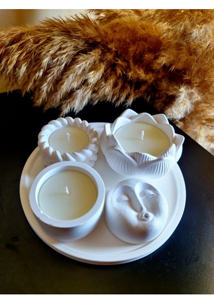 Beyaz Renk 5parça Set (16 cm Sunum Tepsisi + 3 Mum + Tütsülük) Hediye Tütsü