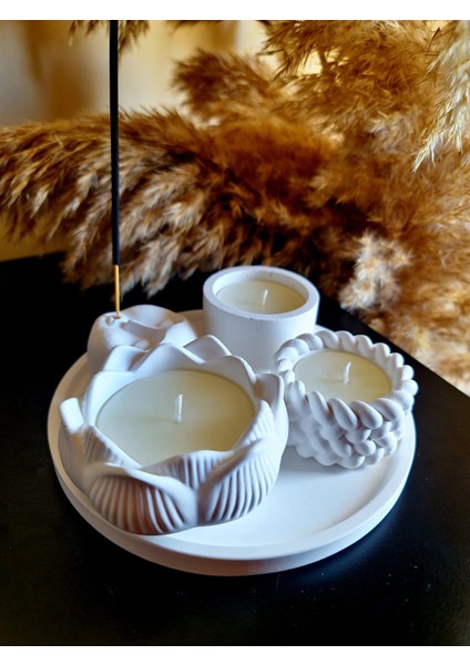 Beyaz Renk 5parça Set (16 cm Sunum Tepsisi + 3 Mum + Tütsülük) Hediye Tütsü modelleri