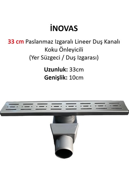 33 cm Paslanmaz Izgaralı Lineer Duş Kanalı Koku Önleyicili (Yer Süzgeci / Duş Izgarası)