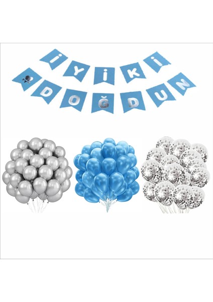 Mavi-Gümüş-Şeffaf Balon+Banner Seti