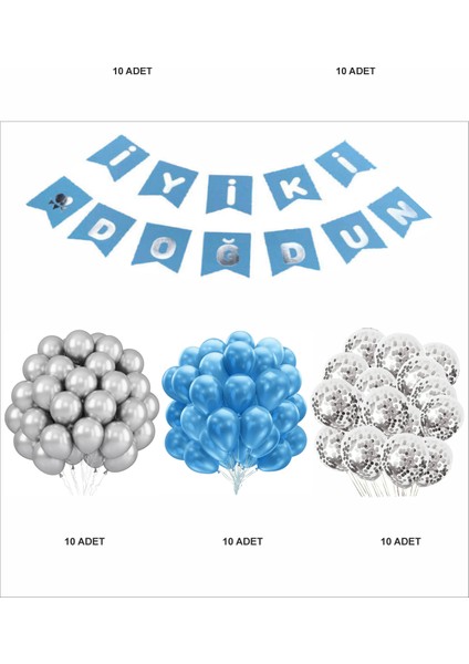 Mavi-Gümüş-Şeffaf Balon+Banner Seti fiyatları