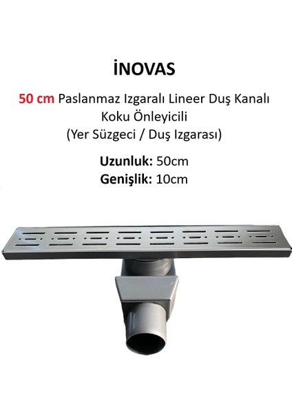 50 cm Paslanmaz Izgaralı Lineer Duş Kanalı Koku Önleyicili (Yer Süzgeci / Duş Izgarası)