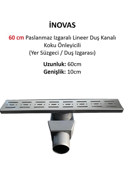 60 cm Paslanmaz Izgaralı Lineer Duş Kanalı Koku Önleyicili (Yer Süzgeci / Duş Izgarası)