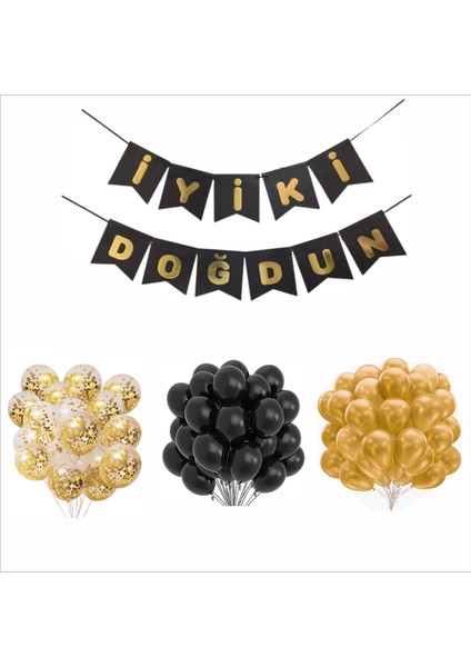 Siyah-Gold-Şeffaf Balon+Banner Seti