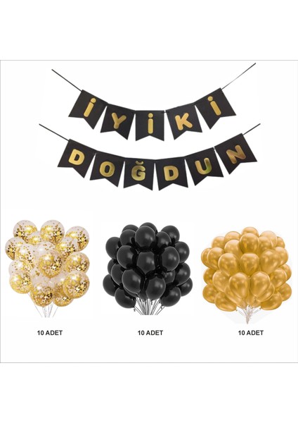 Siyah-Gold-Şeffaf Balon+Banner Seti