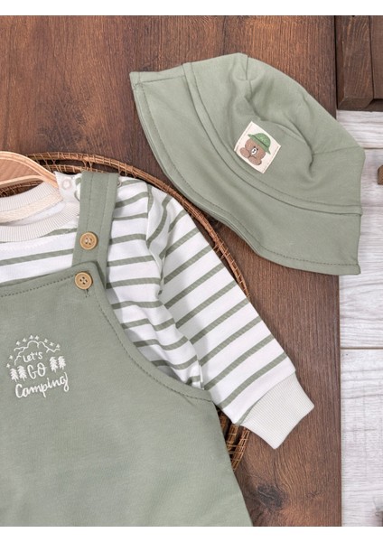 Şapkalı Salopet Bebek Takım Kampçı Temalı Nakışlı Omuzdan Çıtçıtlı modelleri