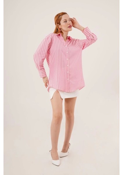 Çift Çizgi Geçişli Düğmeli Pembe Gömlek fiyatları