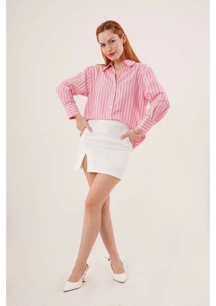 Çift Çizgi Geçişli Düğmeli Pembe Gömlek fırsatları