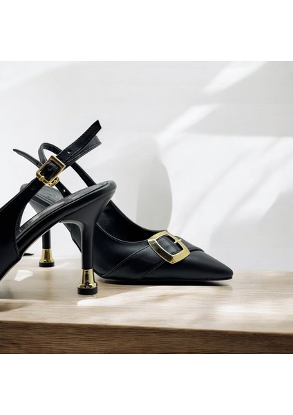 Kadın Tokalı Sivri Burun Arkası Açık Bantlı Topuklu Stiletto Eldora