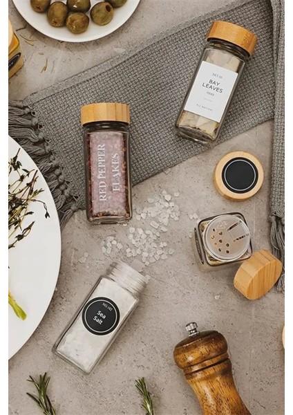 12’li Bambu Kapaklı Etiketli Cam Kare Formlu Baharatlık Takımı Serpme Başlıklı Baharatlık Set fiyatları