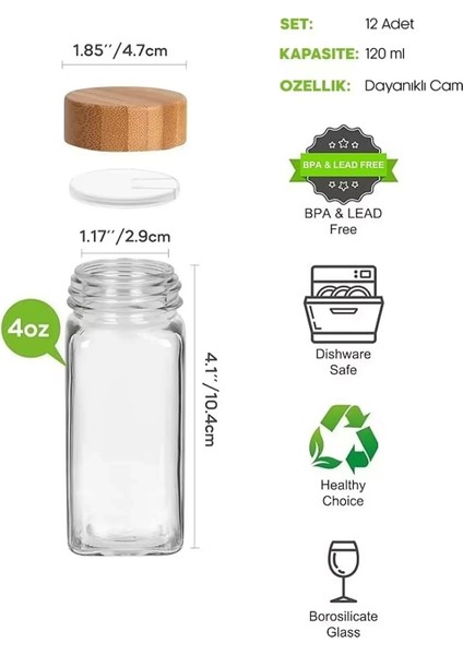 12’li Stantlı Bambu Kapaklı Etiketli Cam Kare Formlu Baharatlık Takımı Serpme Başlıklı Baharatlık Set modelleri