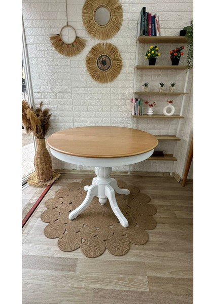 Concept Baba Ayaklı Masa Naturel Ahşap Yuvarlak Üst Tablalı Beyaz Ayaklı Açılır Masa (Çap 100 cm )
