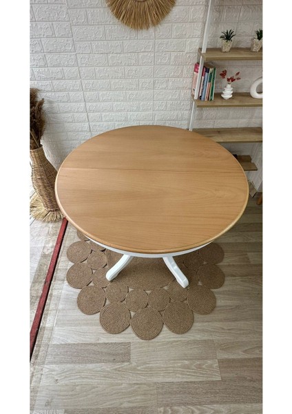 Concept Baba Ayaklı Masa Naturel Ahşap Yuvarlak Üst Tablalı Beyaz Ayaklı Açılır Masa (Çap 100 cm )