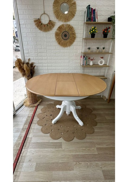 Concept Baba Ayaklı Masa Naturel Ahşap Yuvarlak Üst Tablalı Beyaz Ayaklı Açılır Masa (Çap 100 cm )