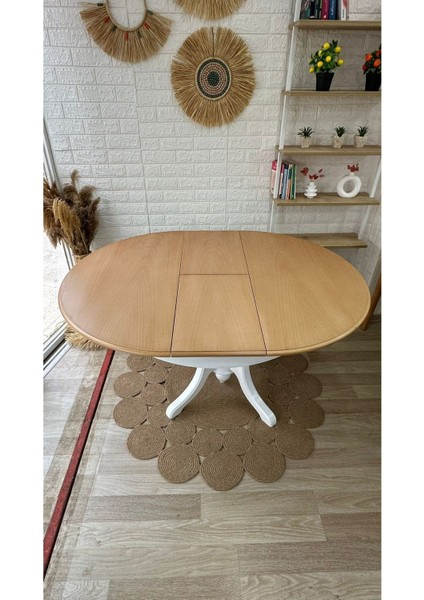 Concept Baba Ayaklı Masa Naturel Ahşap Yuvarlak Üst Tablalı Beyaz Ayaklı Açılır Masa (Çap 100 cm )