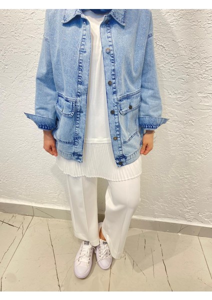 Magazin Denim Kot Ceket Taşlı Mavi