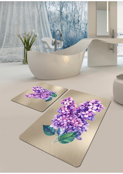 Çiçekler Kaymaz, Pamuk Dokuma Taban 2'li Klozet Takımı, Banyo Halısı (60X100-40X60) indirimleri