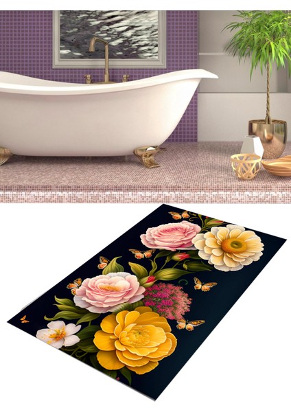 Laleler 80 x 120 cm Kaymaz Dökülmez Yıkanabilir Pamuk Dokuma Taban Banyo Halısı