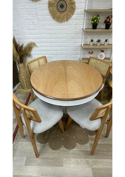 Concept Baba Ayaklı Masa Naturel Ahşap Yuvarlak Üst Tablalı Beyaz Ayaklı Açılır Masa (Çap 90 cm )