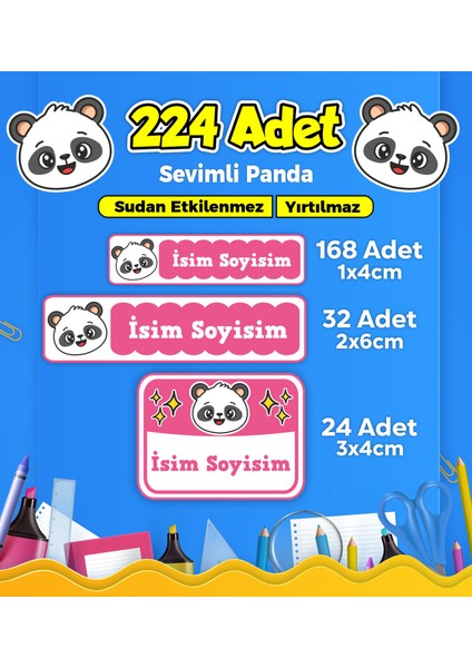 Panda Okul Kreş Etiketi Kalem Defter Özel İsim Yazılabilen Etiket Seti Model 56 (224 Adet)