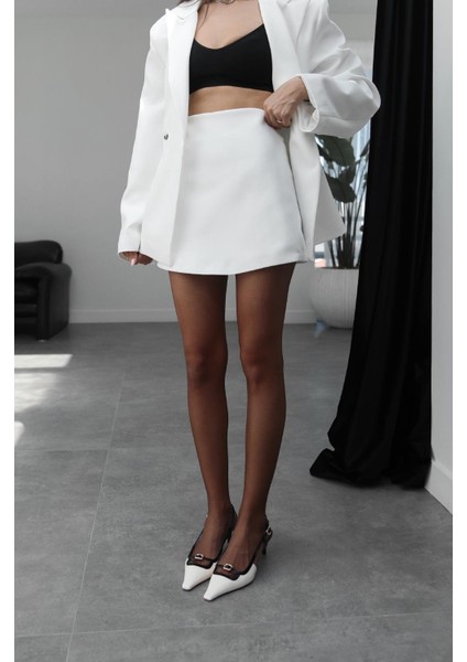 Beyaz Kiera Yüksek Bel Şort Etek