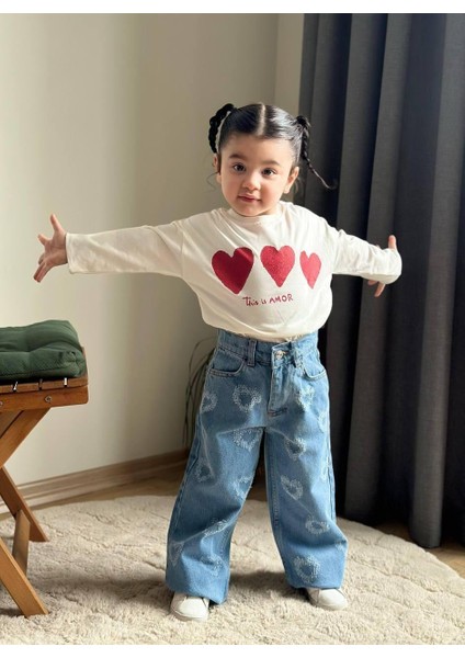 Kot Denim Lazer Kesim Kalpler ve Simli Baskı Kalpli Jean Kız Çocuk Takım