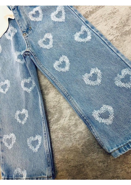 Kot Denim Lazer Kesim Kalpler ve Simli Baskı Kalpli Jean Kız Çocuk Takım fırsatları