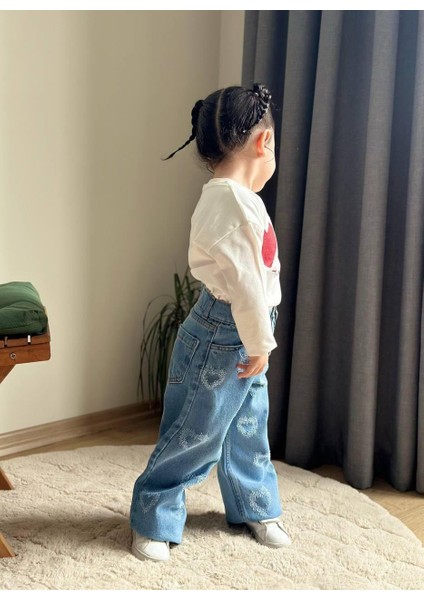 Kot Denim Lazer Kesim Kalpler ve Simli Baskı Kalpli Jean Kız Çocuk Takım indirimleri