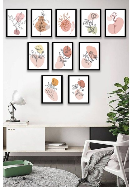 10 Parça Minimalist Çiçek Çerçeve Görünümlü Tablo