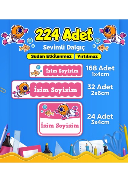 Okul Kreş Etiketi Kalem Defter Özel İsim Yazılabilen Etiket Seti Model 106 (224 Adet)