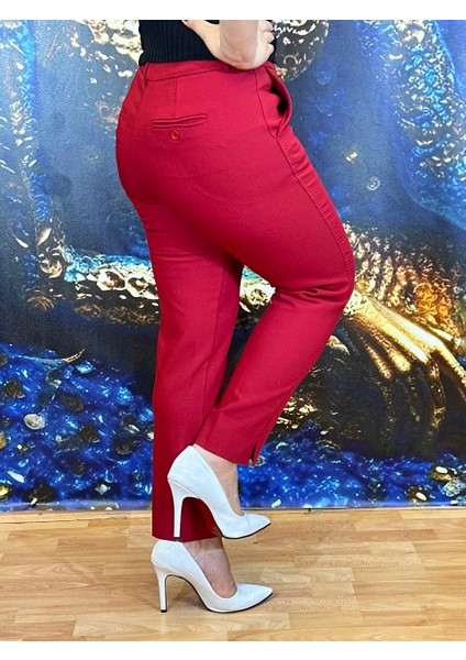 Pantolon Düz Paça Yandan Yırtmaçlı Krep Kumaş Yüksek Kalite Yüksek Bel Kırmızı