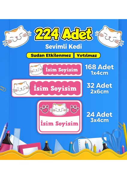 Sevimli Kedi Temalı Okul Kreş Kişiye Özel İsim Etiket Seti - Model 100