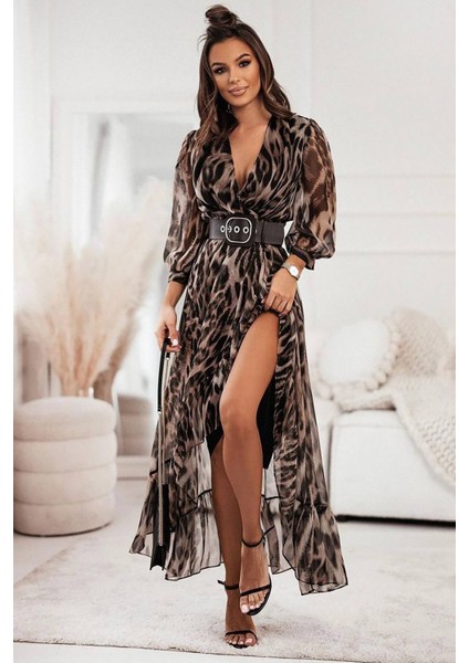 Kadın Kemerli Leopar Desenli Uzun Elbise NBEMP2152 fiyatları