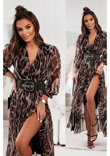 Kadın Kemerli Leopar Desenli Uzun Elbise NBEMP2152 modelleri