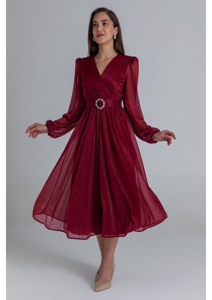 Kadın Kemerli Kruvaze Yaka Simli Gece Elbisesi NBMY3590