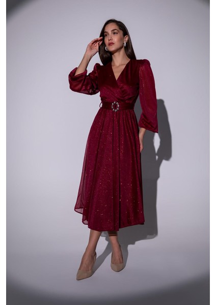 Kadın Kemerli Kruvaze Yaka Simli Gece Elbisesi NBMY3590 fiyatları