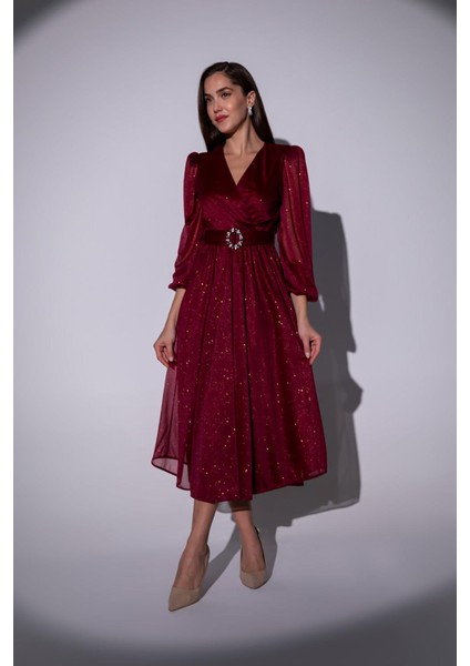 Kadın Kemerli Kruvaze Yaka Simli Gece Elbisesi NBMY3590 modelleri